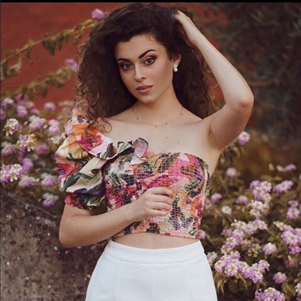 Brushstroke Print One Shoulder Crop Top